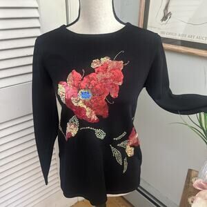 Vintage VICTOR COSTA Womens Sweater XS Black Sequin Floral Retro 80s 90s Chic